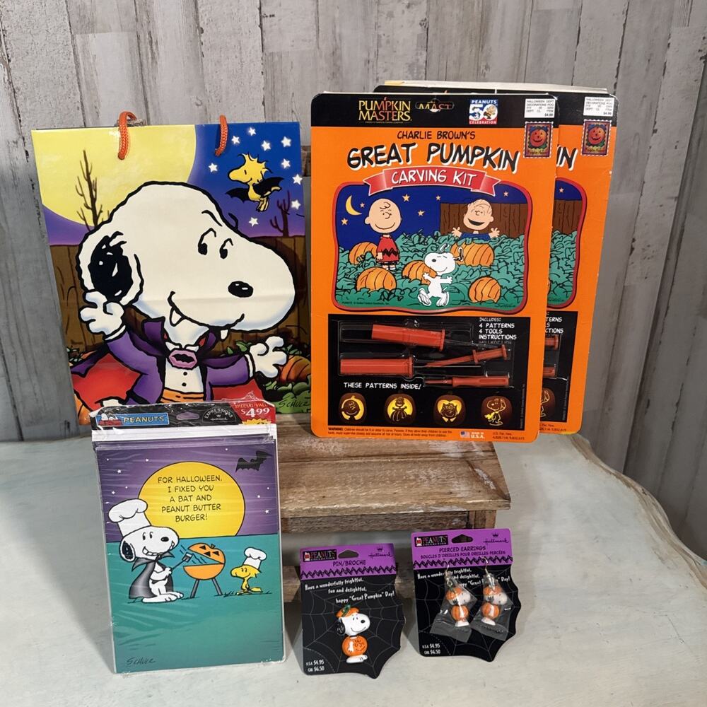 Peanuts Snoopy Halloween Bundle - Cards, Earrings, Pin, Pumpkin Carving And Bag